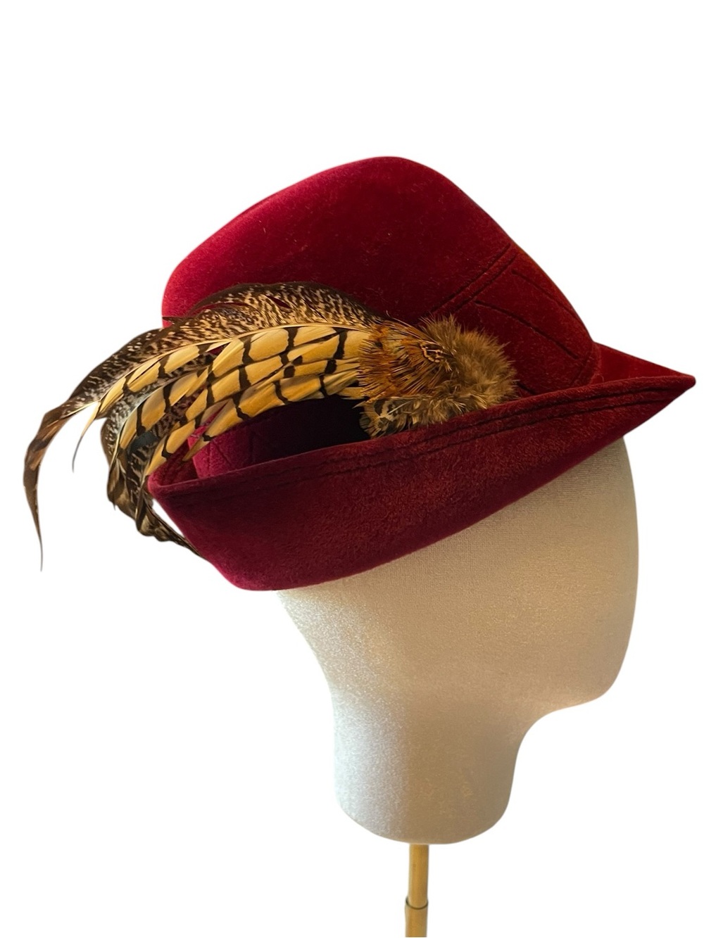Rare Vintage Burgundy Alpine Hat Genuine Feather Accent | EUC Made in Austria